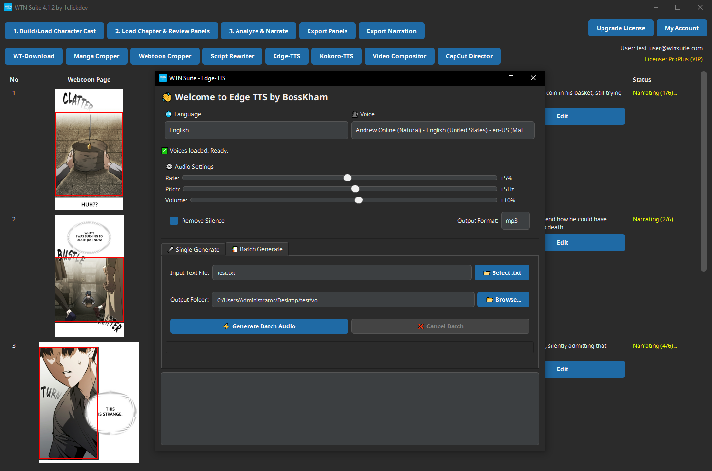 Screenshot: Edge-TTS Batch Generate tab with progress bar