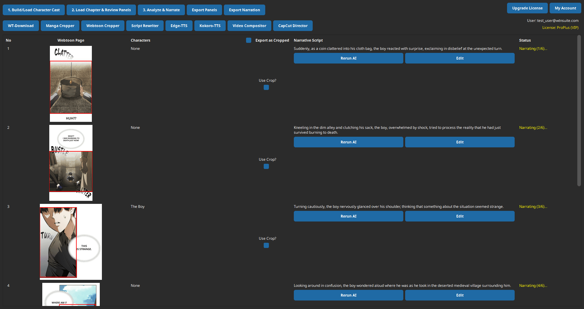 WTN Suite application showing AI-powered webtoon narration pipeline